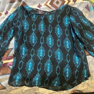 Rock & Roll Cowgirl Black and Blue Geometric Blouse